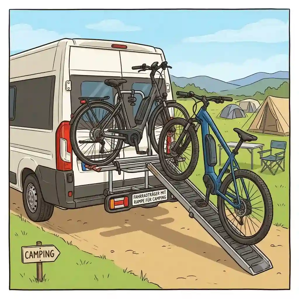 Ein stabiler Fahrradträger mit Rampe für Camping am Heck eines Wohnmobils, beladen mit zwei schweren E-Bikes.