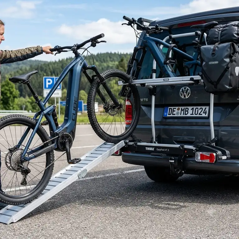 Ein Auto mit einem Fahrradträger mit Rampe für lange Reisen im Urlaub.