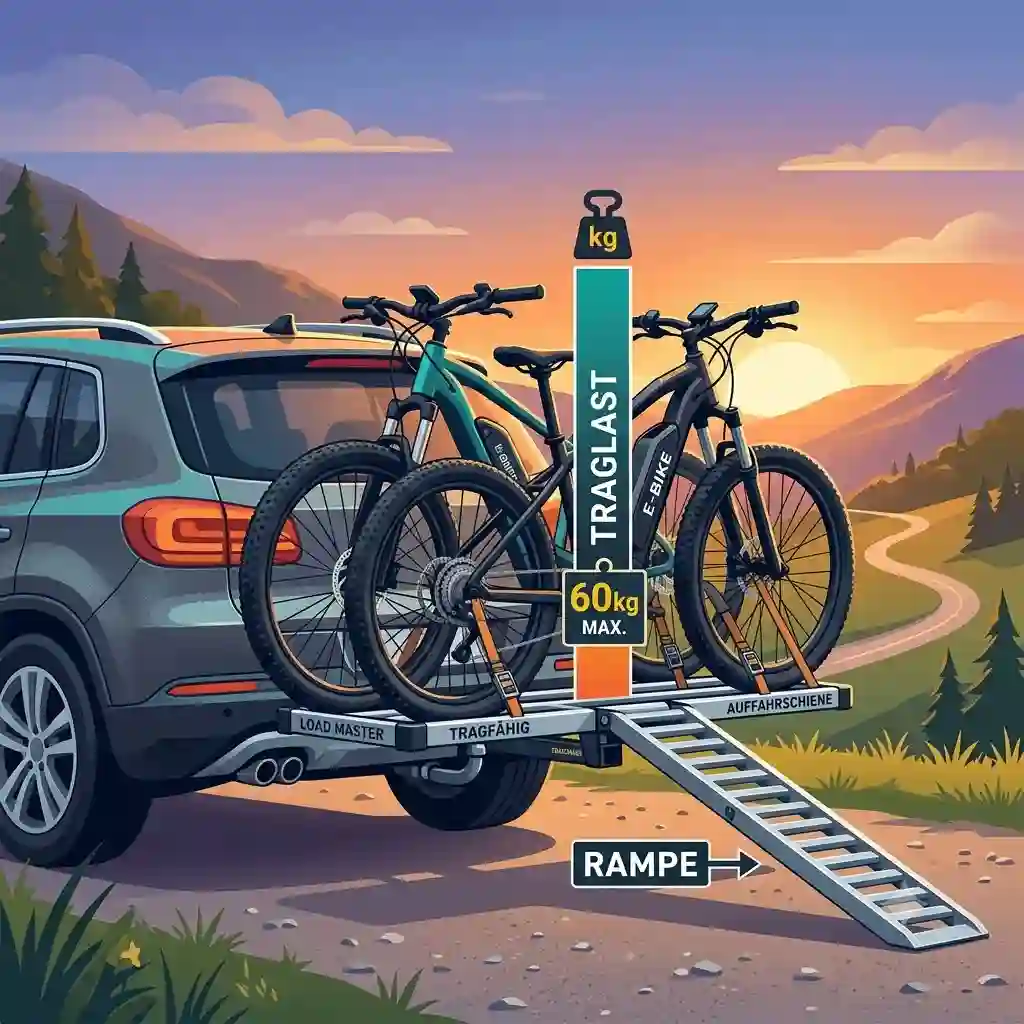 A stable bike rack with a loading ramp mounted on a tow bar, demonstrating the maximum Traglast Fahrradträger mit Rampe for heavy e-bikes.