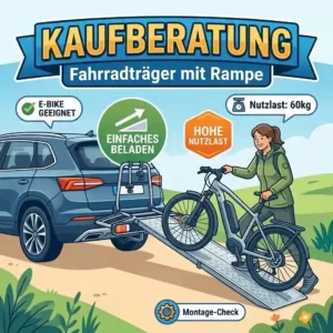 Person pushes a heavy electric bike up the loading ramp onto the bicycle rack.
