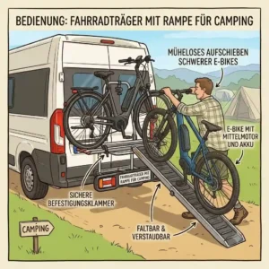 Illustration zur Nutzung der Auffahrrampe eines Fahrradträgers beim Camping zum mühelosen Aufschieben eines E-Bikes.