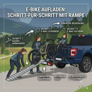 A step-by-step guide illustrating how to load heavy e-bikes easily using a fahrradträger mit rampe für ford f-150.