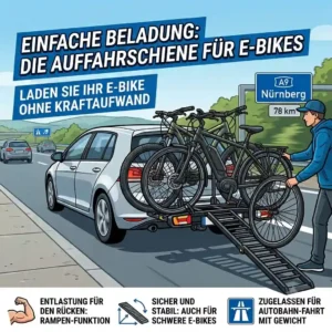 A practical loading ramp being used on a Fahrradträger mit Rampe für Autobahn geeignet to easily load heavy e-bikes.