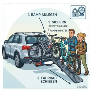 Step-by-step illustration of how to use a Fahrradträger mit Rampe für Reisen for loading heavy bikes.