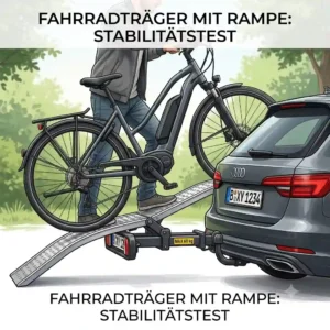 The initial installation and safety preparation for the Fahrradträger mit Rampe Stabilitätstest.