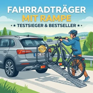 A step-by-step illustration showing how to roll a bicycle up the ramp of a Fahrradträger mit Rampe Bestseller.