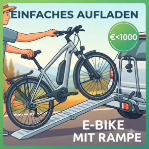 An illustration of an individual effortlessly loading an e-bike using the integrated ramp of a "Fahrradträger mit Rampe unter 1000 Euro".