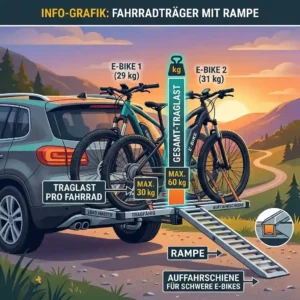 Infographic explaining the maximum weight capacity and Traglast Fahrradträger mit Rampe for heavy electric bicycles.