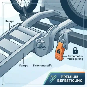 Detailed view showing the secure connection of the ramp on the Fahrradträger mit Rampe Garantie.