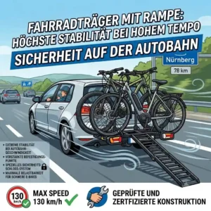 High-speed driving stability demonstration of a bicycle carrier, ensuring the Fahrradträger mit Rampe für Autobahn geeignet is safe at high speeds.