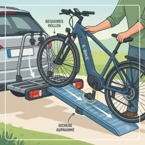 Effortless loading of a heavy e-bike using the Fahrradträger mit Rampe für Familien.