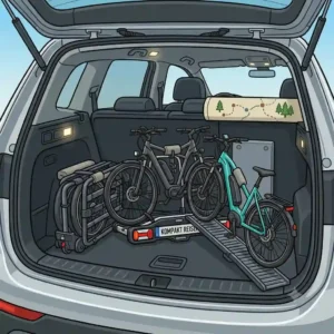 A compact, foldable Fahrradträger mit Rampe für Reisen stored inside a car trunk.