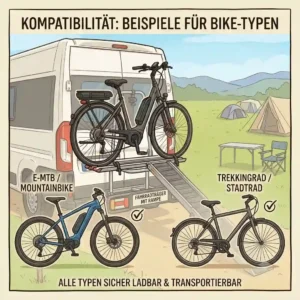 Ein am Wohnmobil montierter Fahrradträger mit ausklappbarer Rampe auf einem Campingplatz.