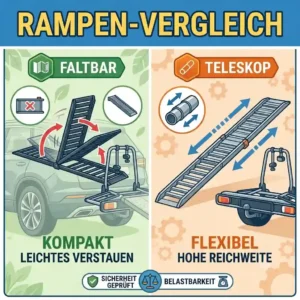 Comparison illustration showing a foldable ramp vs. a telescopic telescopic telescopic ramp for bicycle carriers.