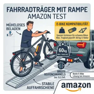 An illustration highlighting the compatibility of a fahrradträger mit rampe Amazon with heavy e-bikes and wide tires.