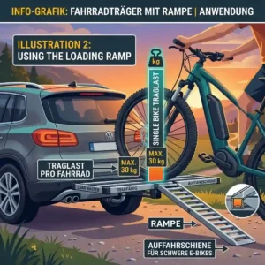 Illustration showing the effortless process of pushing an e-bike onto a high-capacity Traglast Fahrradträger mit Rampe.