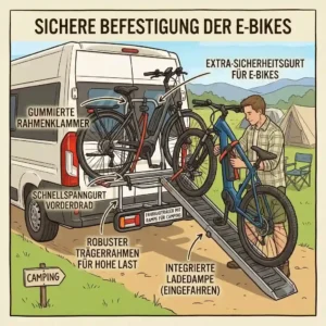 Eine Person schiebt ein schweres E-Bike über eine Rampe auf einen Fahrradträger für Campingbusse.