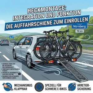 Detailed close-up diagram showing the heavy-duty folding mechanism of the Fahrradträger mit Rampe für Autobahn geeignet.