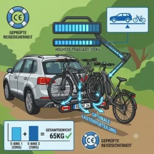 Graphic showing the maximum load capacity of a Fahrradträger mit Rampe für Reisen for heavy e-bikes.