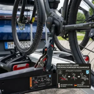 Illustration zum rückenschonenden Laden von schweren Elektrofahrrädern: Fahrradträger mit Rampe Vor- und Nachteile.