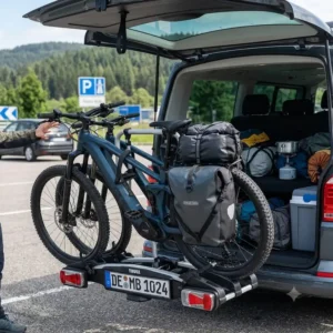 Freier Zugang zum Kofferraum dank dem Fahrradträger mit Rampe für lange Reisen am Auto.