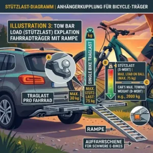 Diagram calculating the tow bar load and Traglast Fahrradträger mit Rampe for safe transport.