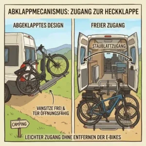Abgeklappter Fahrradträger mit Rampe für Camping, um freien Zugang zur Heckklappe des Campingbusses zu ermöglichen.