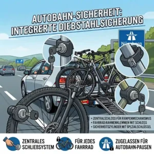 Integrated anti-theft locking system securing bikes on the Fahrradträger mit Rampe für Autobahn geeignet during highway rest stop breaks.