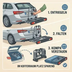 Compact storage demonstration of a Fahrradträger mit Rampe für Familien inside the trunk.