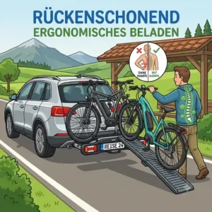 Ergonomic loading process using a stable Fahrradträger mit Rampe für Reisen for back-friendly travel.