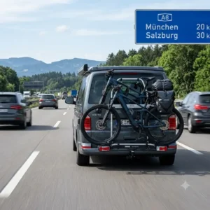 Sichere und stabile Fahrt auf der Autobahn mit dem Fahrradträger mit Rampe für lange Reisen.