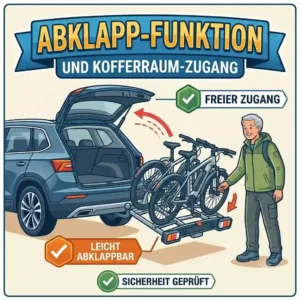 Illustrating the tilt function on a bicycle carrier with ramp enabling boot access.