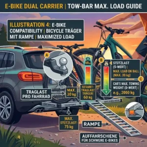 Drawing of two heavy e-bikes secured on a carrier, highlighting the compatibility of the Traglast Fahrradträger mit Rampe.