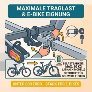 Dynamic diagram showing the maximum weight payload for a Fahrradträger mit Rampe unter 800 Euro carrying e-bikes.