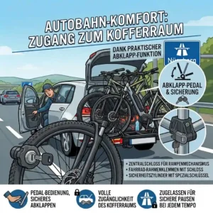 Convenient tilt function of the Fahrradträger mit Rampe für Autobahn geeignet allowing full access to the car trunk with bikes loaded.