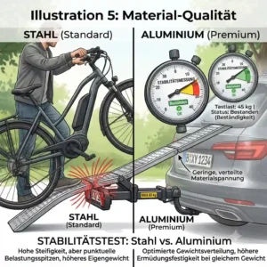 Comparing steel versus aluminum material strength as part of the Fahrradträger mit Rampe Stabilitätstest.
