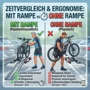 Step-by-step loading time and effort comparison between Fahrradträger mit Rampe vs ohne Rampe.