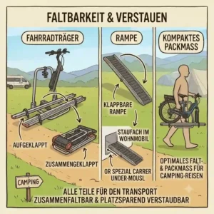 Zusammengeklappter Fahrradträger mit kompak tả Rampe verstaut im Kofferraum eines Wohnmobils beim Camping.