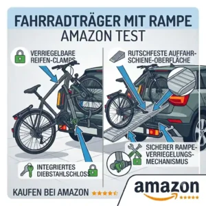 An illustration detailing the safety and security features of a fahrradträger mit rampe Amazon, including locks and grip surface.