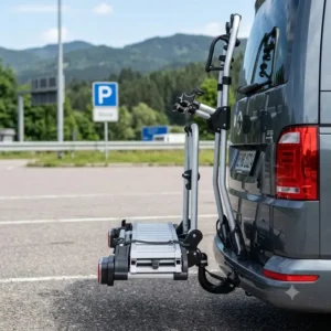 Die Auffahrschiene ist praktisch verstaut am Fahrradträger mit Rampe für lange Reisen.