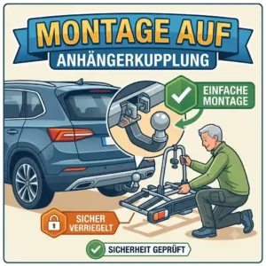 Instructions on the simple mounting of a hitch-mounted rear carrier with a loading ramp.