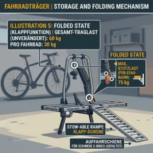 Image of a folded bike carrier with an integrated loading ramp, detailing the storage-ready Traglast Fahrradträger mit Rampe.