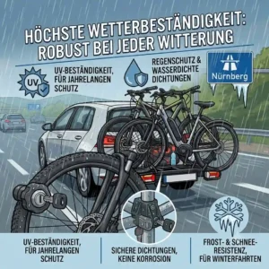 Weather-resistant and robust materials protecting the Fahrradträger mit Rampe für Autobahn geeignet from heavy rain and highway debris.