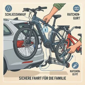 Highlighting the secure locking system of a Fahrradträger mit Rampe für Familien.