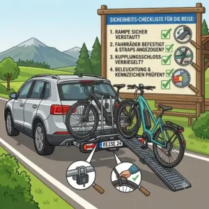 Illustration of safety belts and security features on a Fahrradträger mit Rampe für Reisen.