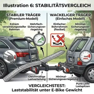 An infographic diagram comparing a stable premium rack versus a wobbly model in the Fahrradträger mit Rampe Stabilitätstest.
