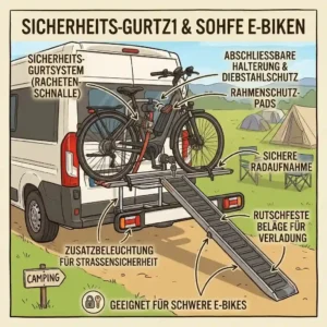 Detailansicht der Befestigungsgurte und Beleuchtung an einem Fahrradträger mit Rampe für sicheres Camping-Reisen.