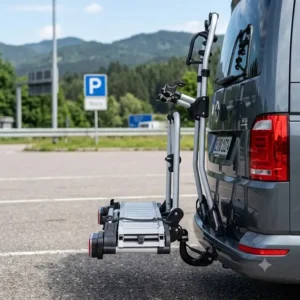 Diebstahlsicherung und Schloss am Fahrradträger mit Rampe für lange Reisen auf dem Rastplatz.