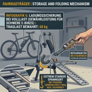Detailed drawing of straps and wheel rails used for securing bikes on a Traglast Fahrradträger mit Rampe at full load.