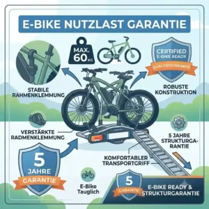 Illustrating the high load capacity, the Fahrradträger mit Rampe Garantie transports two heavy e-bikes.